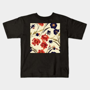 Pretty Orange Red and Deep Blue Flower Pattern on Dark Background Kids T-Shirt